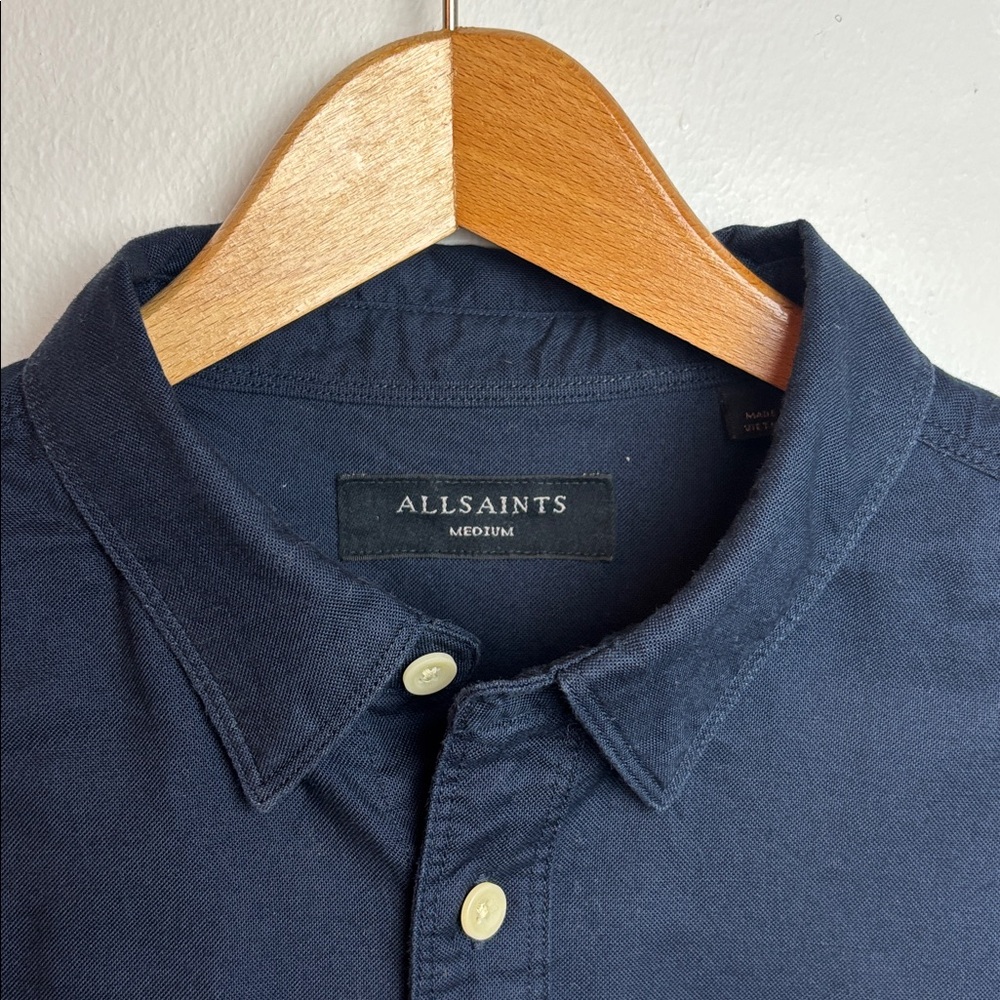 All Saints Azur Long Sleeve Cotton Button-Up Mens Shirt Navy Blue Medium - Picture 4 of 6
